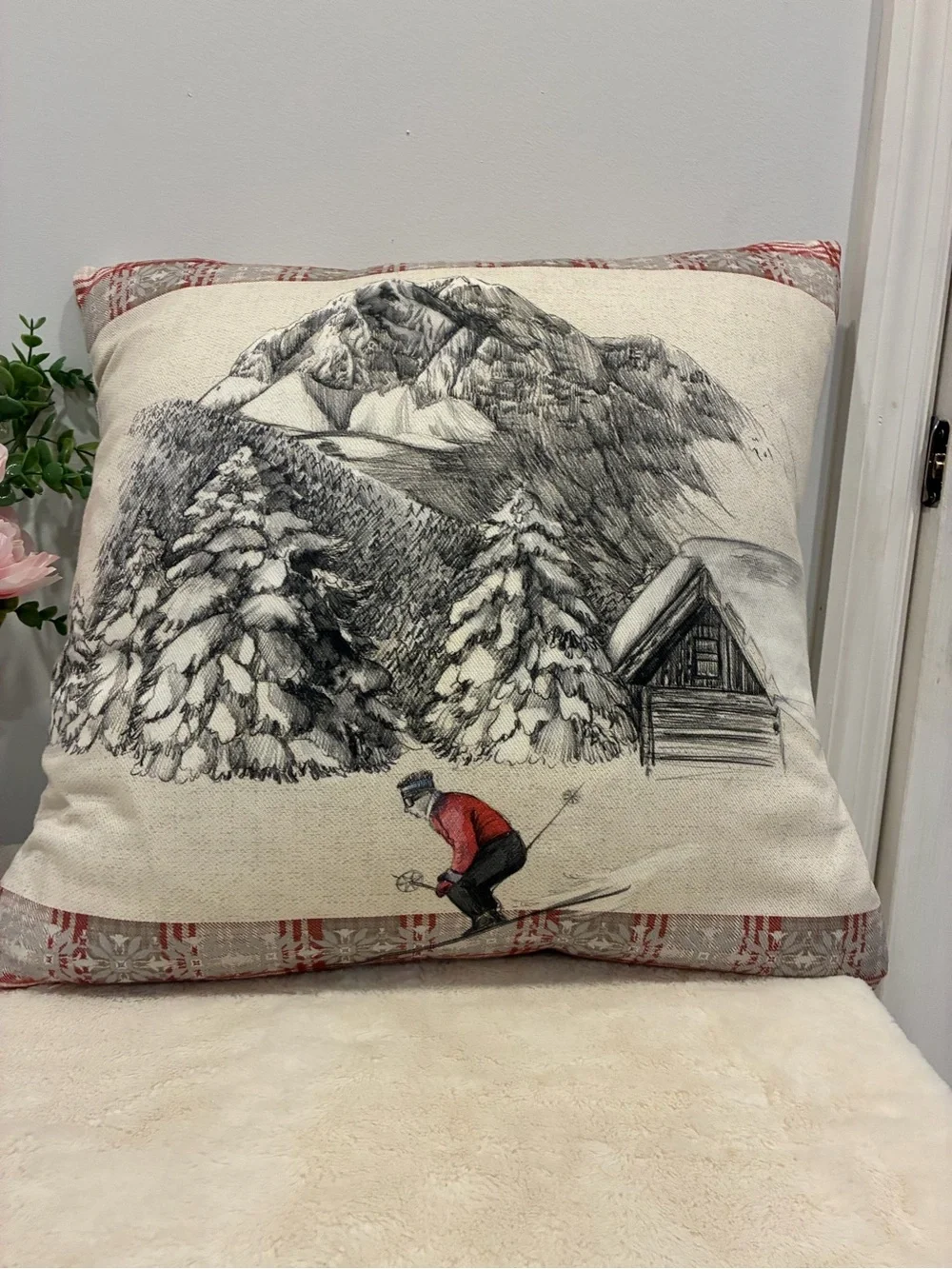 Red Ski Scene Decorative Throw Pillow - Home Holiday